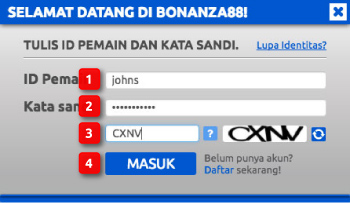 Dialog box selamat datang login situs judi online Bonanza88